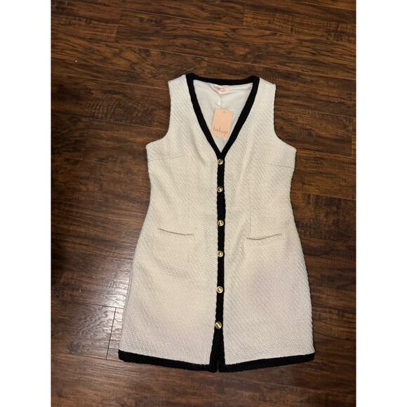 bebop Tweed V Neck Button Front Knee Length Dress White Black L - Picture 1 of 9